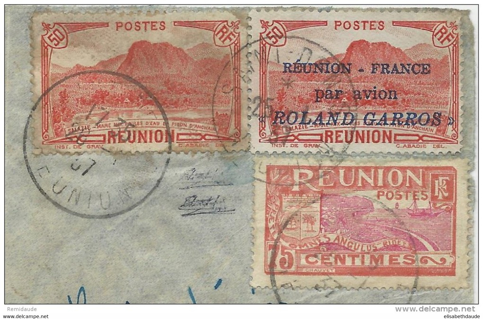 1937 - REUNION - POSTE AERIENNE YVERT N°1 OBLITERE (COTE = 310 EURO) - ROLAND GARROS - Lettres & Documents