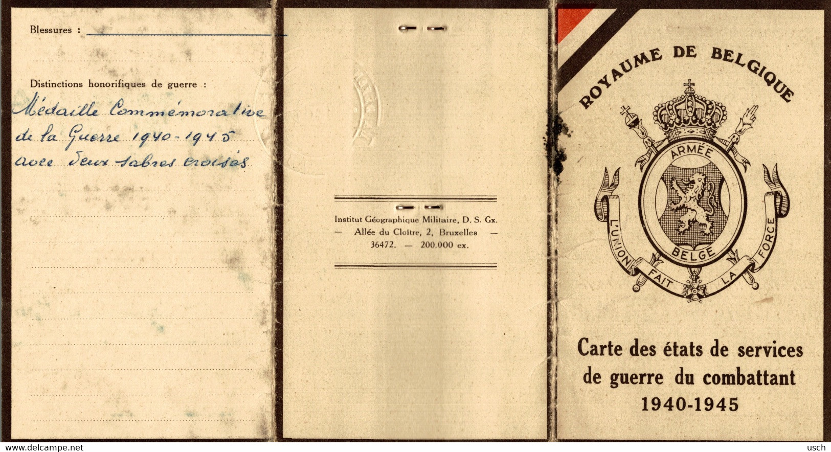 WW2 - BELGIQUE - BELGIUM - ST. GILLES, Rare CARTE DES ÉTATS DE SERVICES DE GUERRE DU COMBATTANT 1940-1945 - Documenti