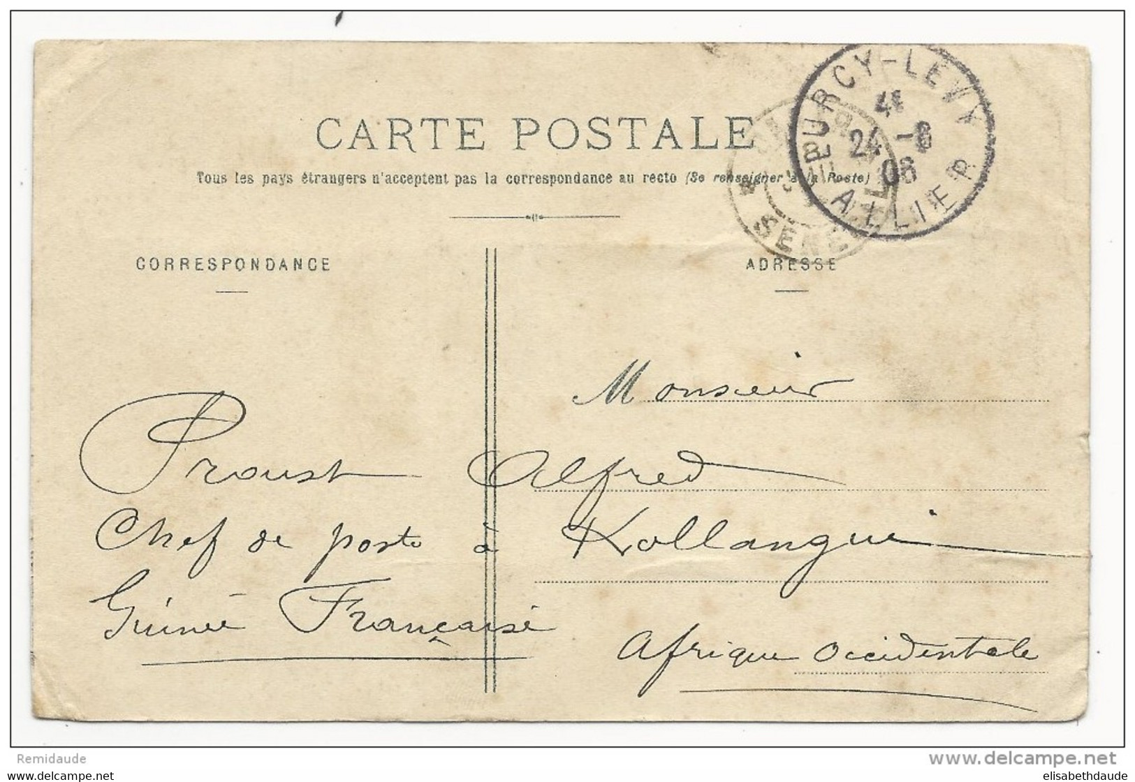 1906 - TRES RARE OBLITERATION LOCALE De DITINN (GUINEE FRANCAISE) Sur CP De BURCY-LEVY (ALLIER) Via DAKAR - Storia Postale