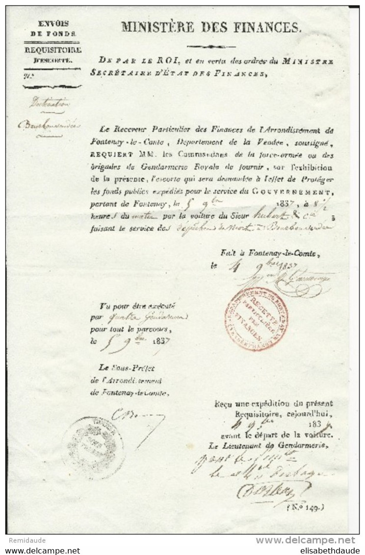 1837 - LETTRE REQUISITION D'ESCORTE ARMEE Pour ENVOIS DE FONDS Avec PV (CACHETS DE CIRE) à FONTENAY LE COMTE (VENDEE) - Marques D'armée (avant 1900)