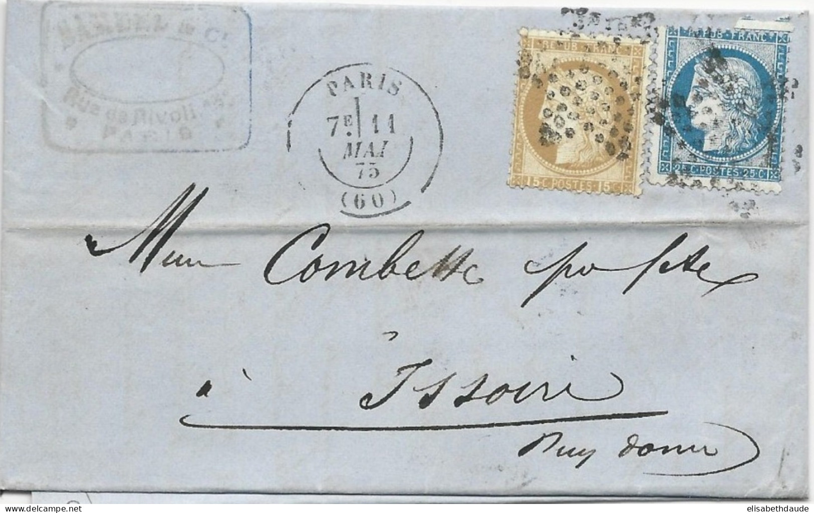 1875 - CERES Sur LETTRE De PARIS Pour ISSOIRE - 1871-1875 Cérès