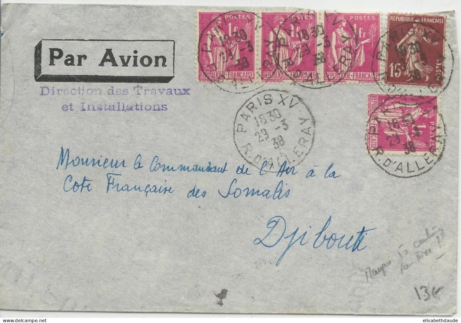 1938 - ENVELOPPE Par AVION De PARIS Pour DJIBOUTI (COTE DES SOMALIS) - PAIX + SEMEUSES - 1932-39 Vrede