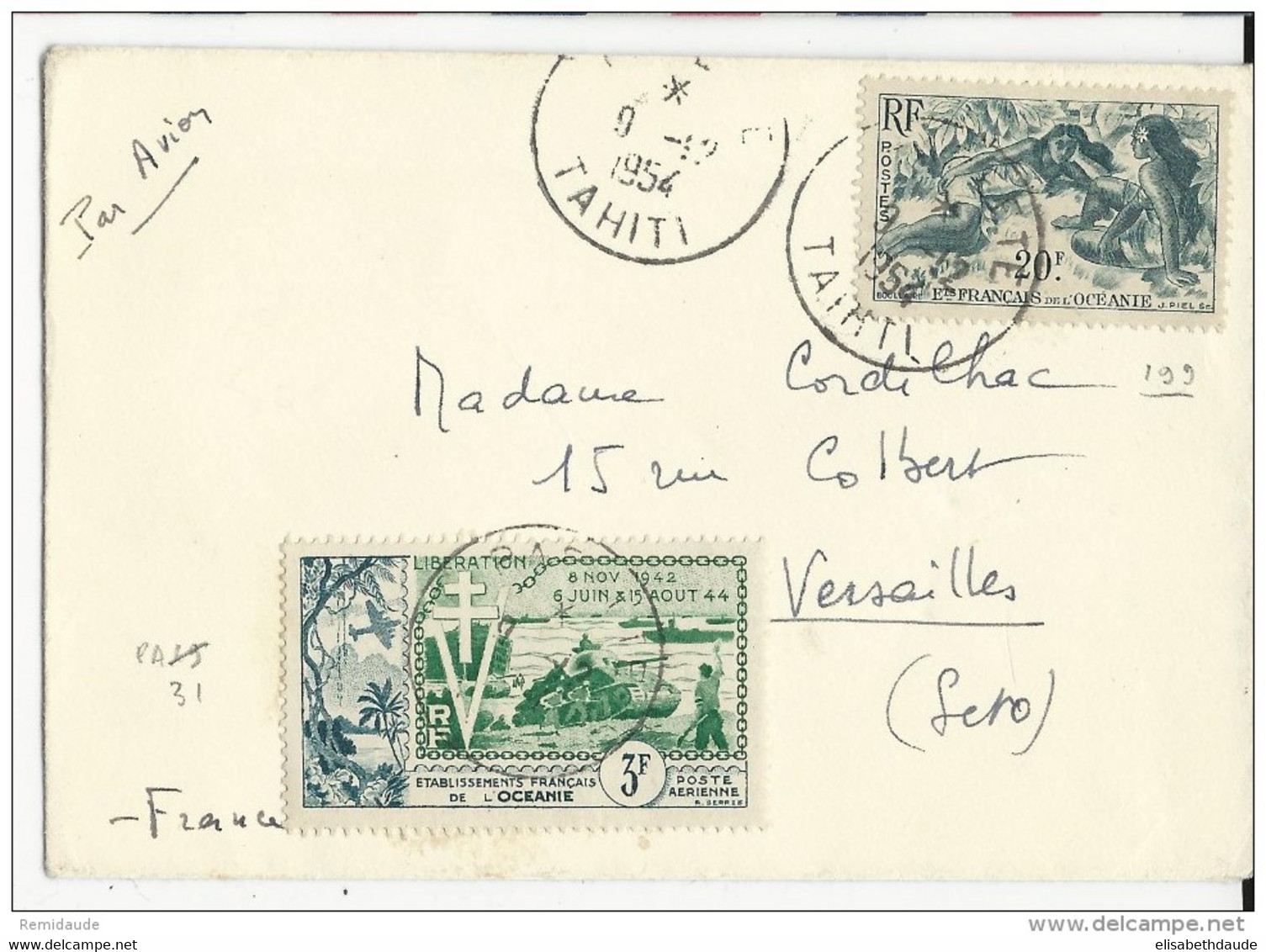 1954 - OCEANIE - ENVELOPPE FORMAT CARTE DE VISITE De PAPEETE (TAHITI) Pour VERSAILLES - Lettres & Documents