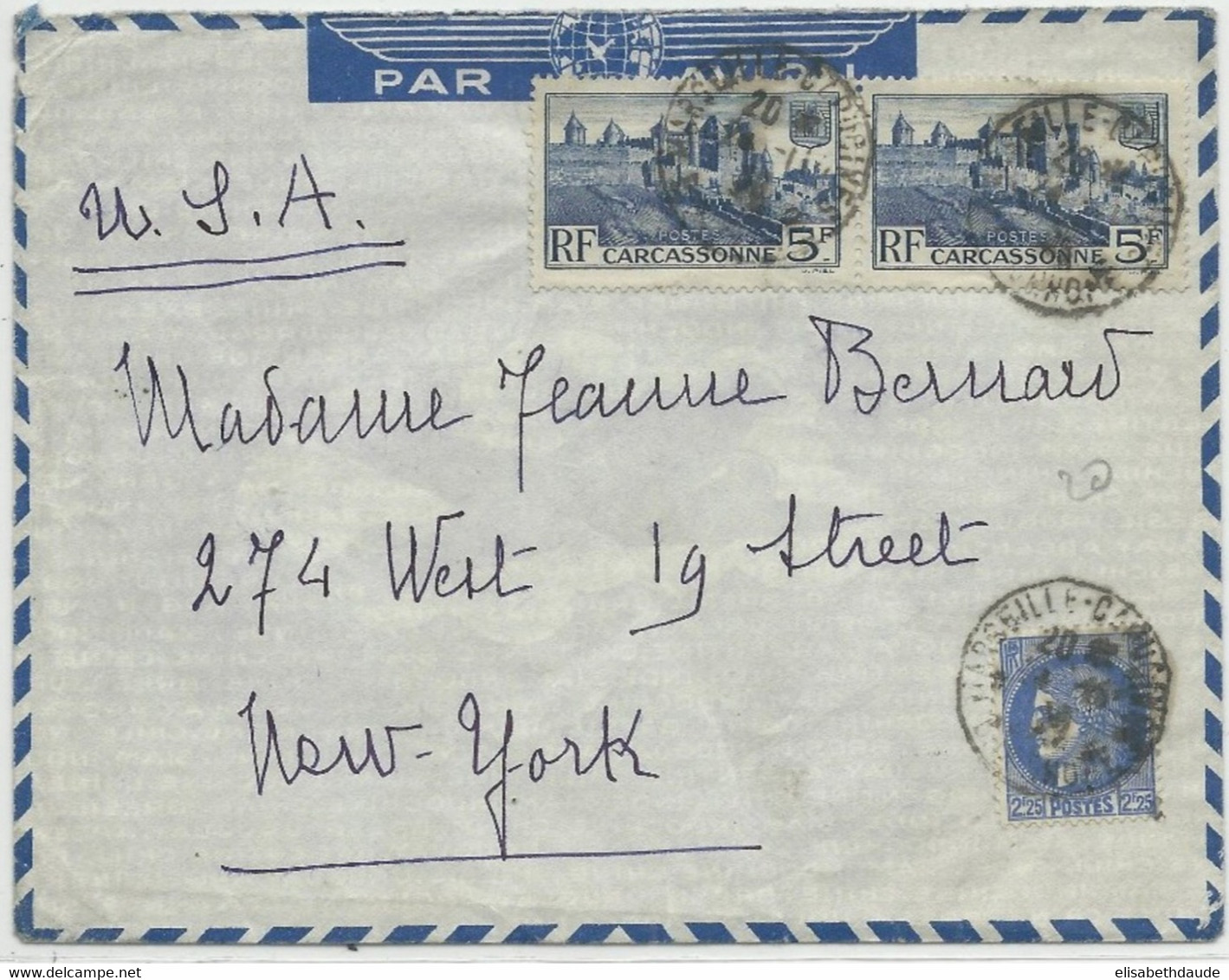 1939 - ENVELOPPE Par AVION AIR FRANCE De MARSEILLE Pour NEW YORK (USA) - CERES - Storia Postale