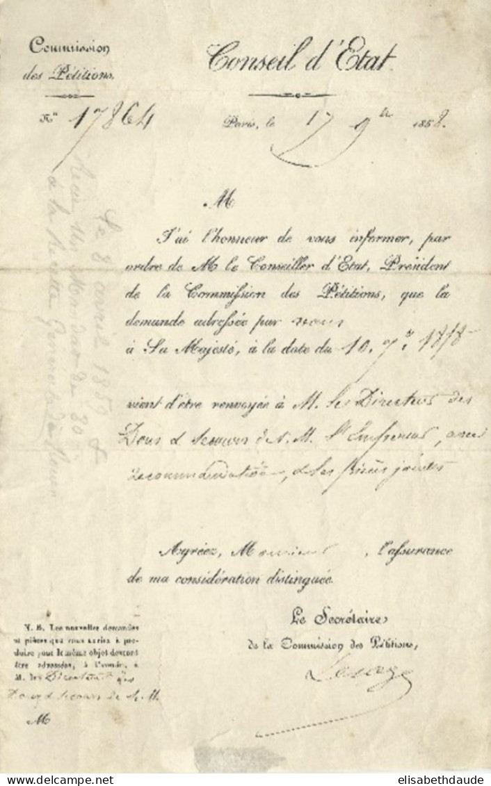 1858 - LETTRE De La COMMISSION PETITIONS Du CONSEIL D'ETAT Avec MARQUE De FRANCHISE CABINET De L'EMPEREUR Pour ELBEUF - Civil Frank Covers