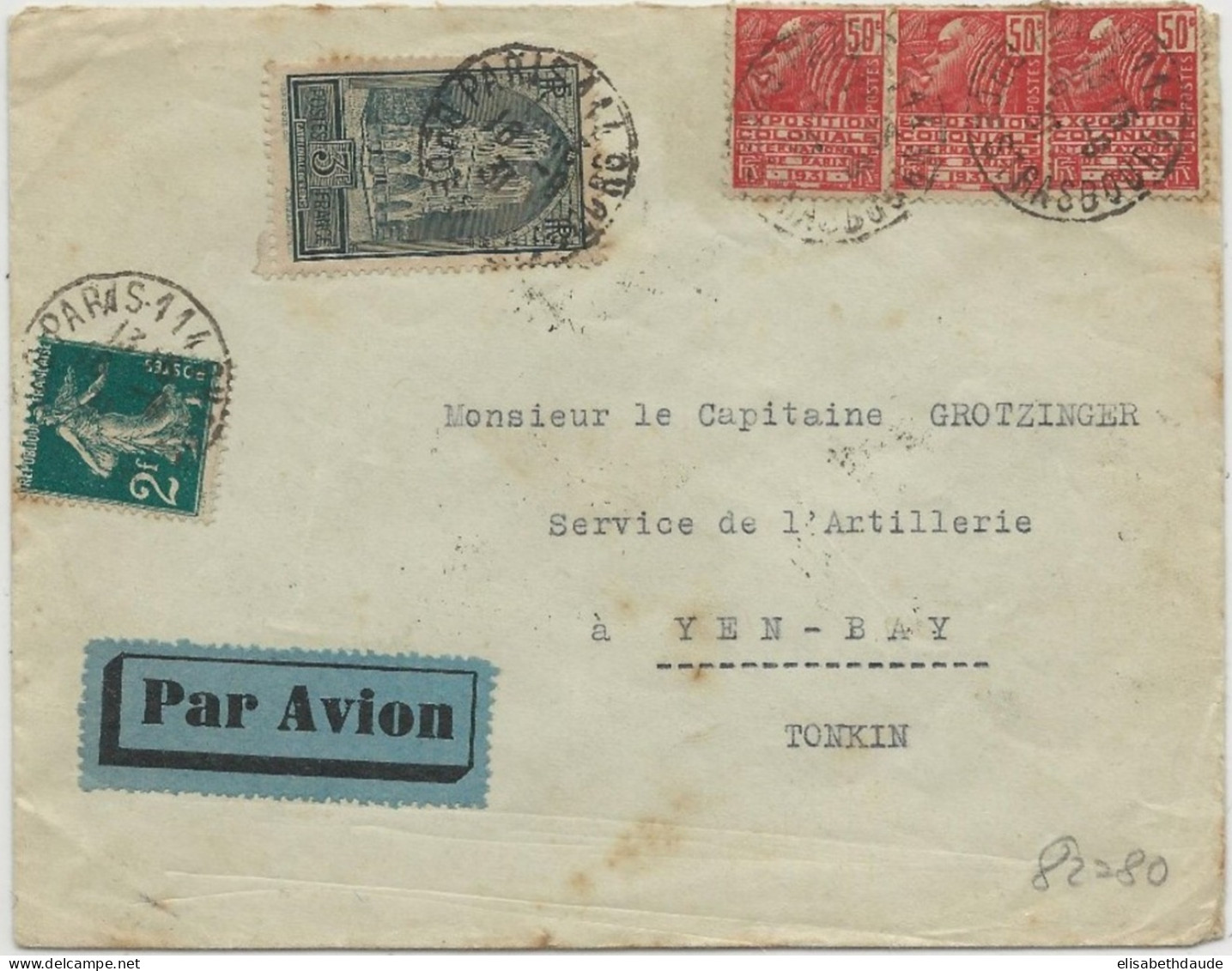 1931 - ENVELOPPE Par AVION De PARIS Pour YEN-BAY (TONKIN) - SEMEUSE - Storia Postale