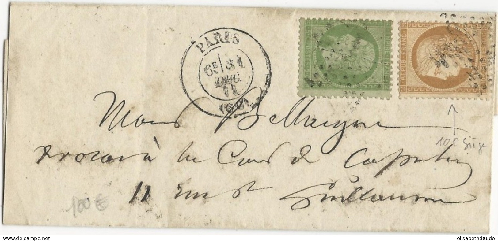 31 DEC. 1871 - LETTRE LOCALE De PARIS Avec RARE AFFRANCHISSEMENT MIXTE 10c SIEGE + 5c EMPIRE - 1870 Belagerung Von Paris