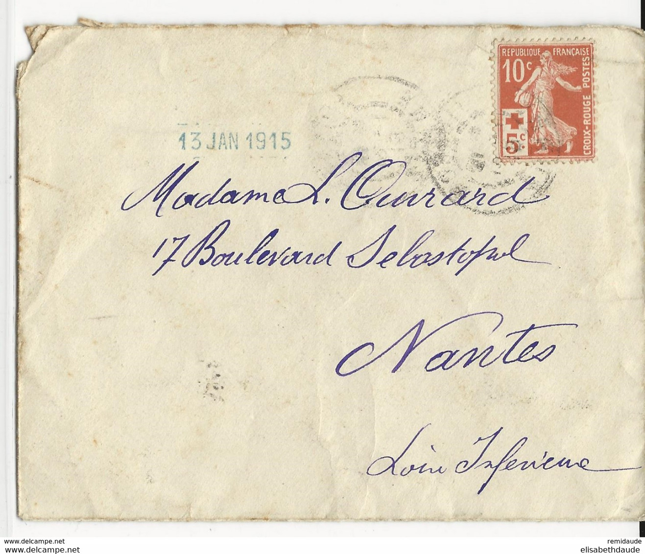 1915 - SEMEUSE CROIX-ROUGE Sur ENVELOPPE De BORDEAUX (GIRONDE) Pour NANTES - Croix Rouge