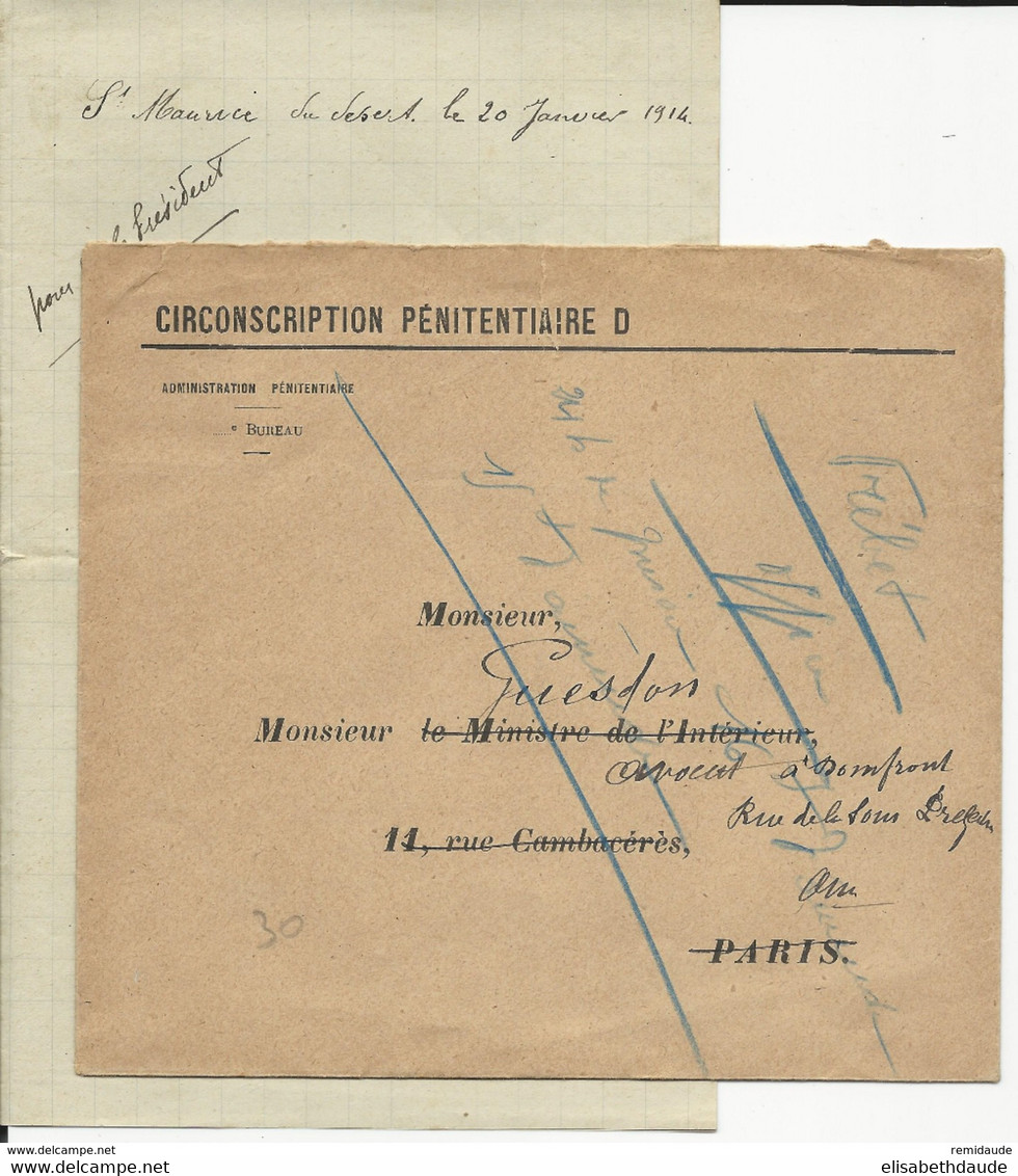 1914 - ENVELOPPE En FRANCHISE De L'ADMINISTRATION PENITENTIAIRE De ST MAURICE => PARIS REEXPEDIEE à DOMFRONT (ORNE) - Cartas Civiles En Franquicia