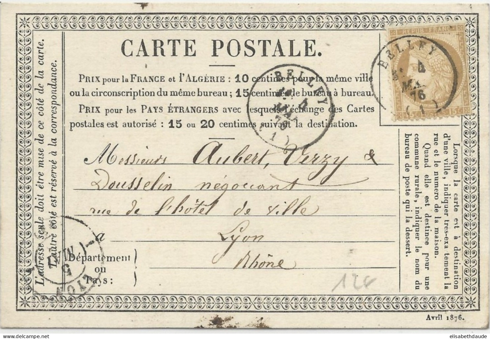 1876 - AIN - CARTE PRECURSEUR CERES De BELLEY Avec T16 Pour LYON - 1871-1875 Cérès