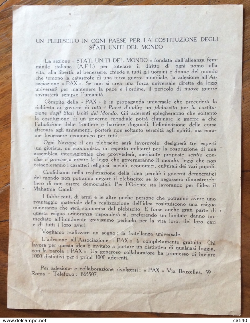 LE UTOPIE ...VOLANTINO  PER ...UN SOGNO LA FRATELLANZA UNIVERSALE..... ( A.F.I. ) - ASSOCIAZIONE PAX - A Identificar