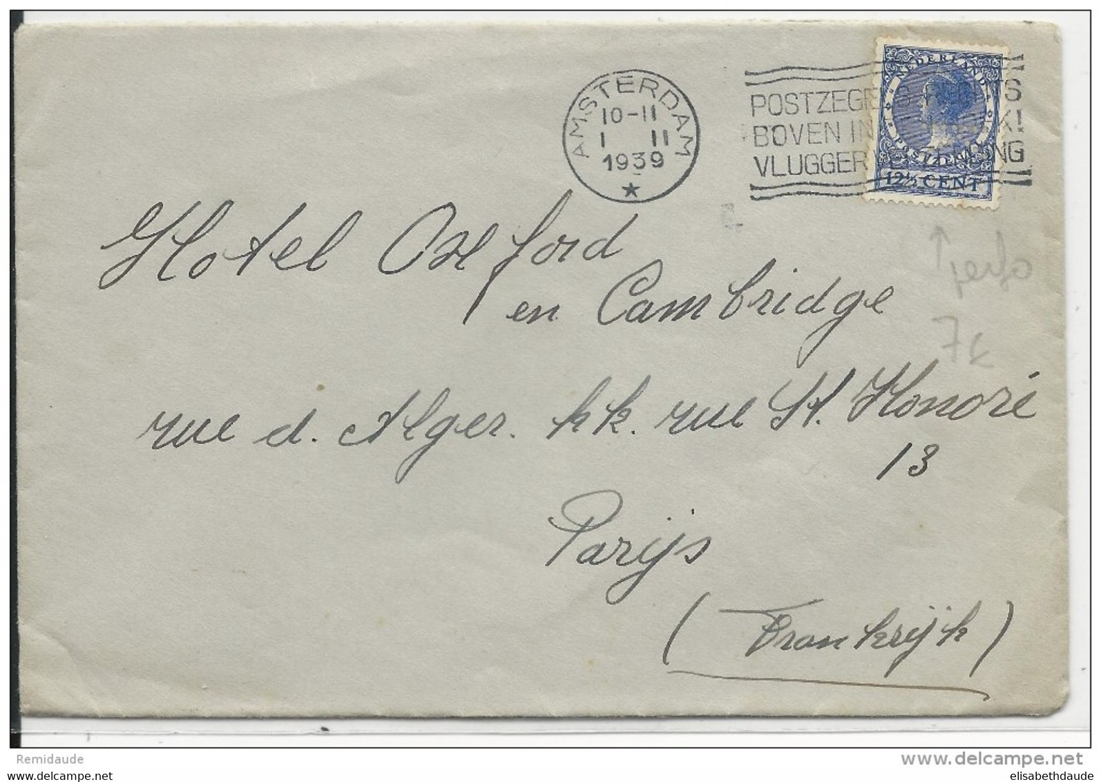 1939 - NEDERLAND - PERFORE "K" - PERFIN - ENVELOPPE De AMSTERDAM Pour PARIS - Postal History