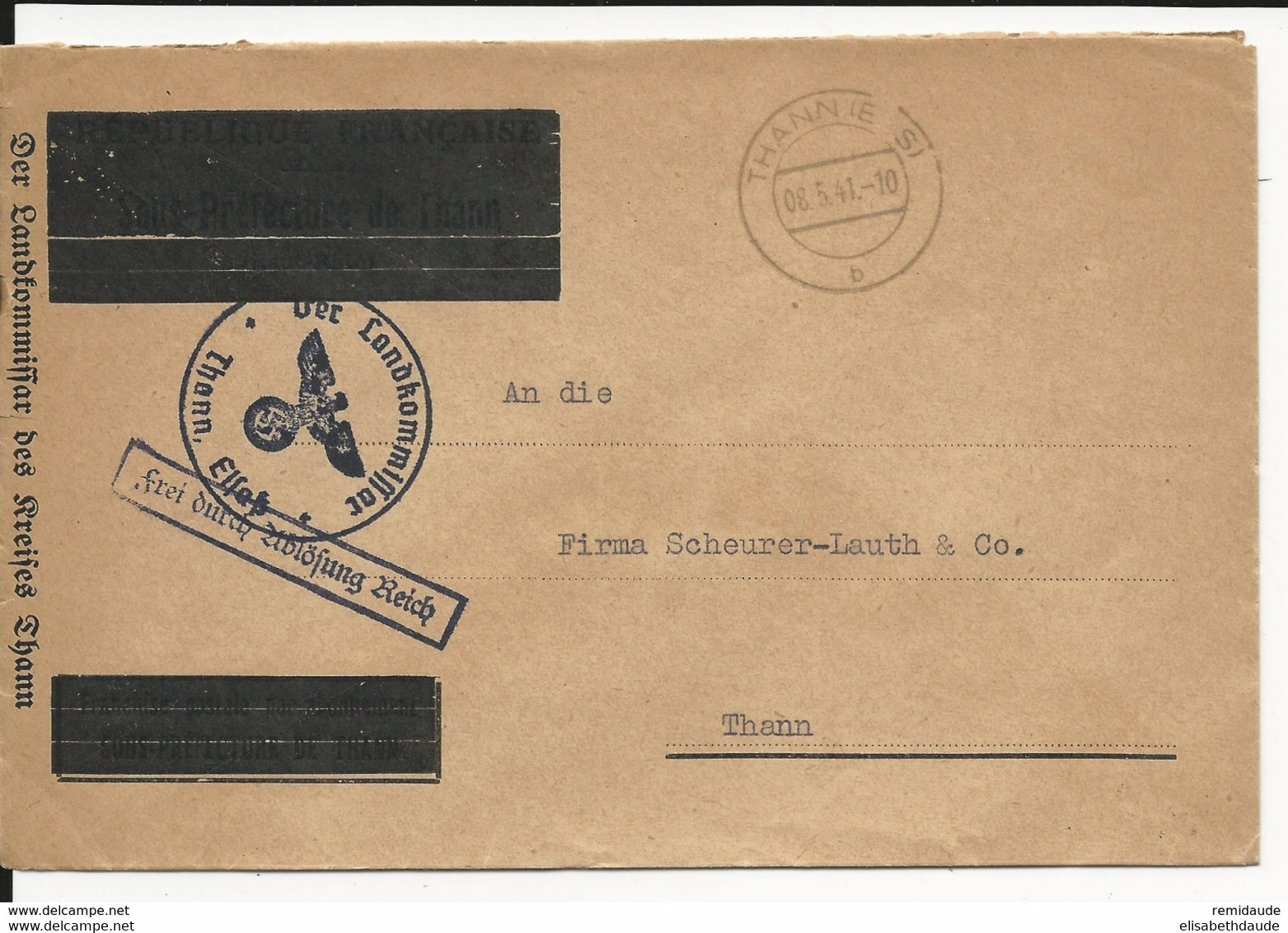 1941 - ALSACE ANNEXEE - HAUT-RHIN - ENVELOPPE (SOUS PREFECTURE + REPUBLIQUE F. BARRES) Du COMMISSAIRE DISTRICT De THANN - WW II