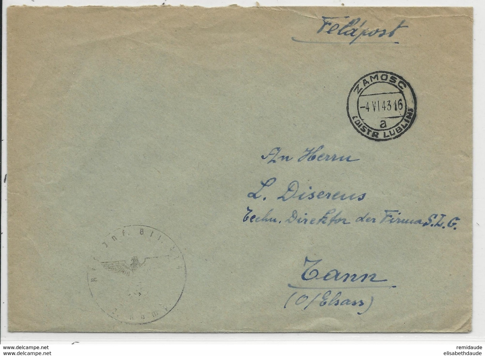 1943 - GG (POLOGNE) - ENVELOPPE FELDPOST De ZAMOSC (LUBLIN) => THANN - Algemene Overheid