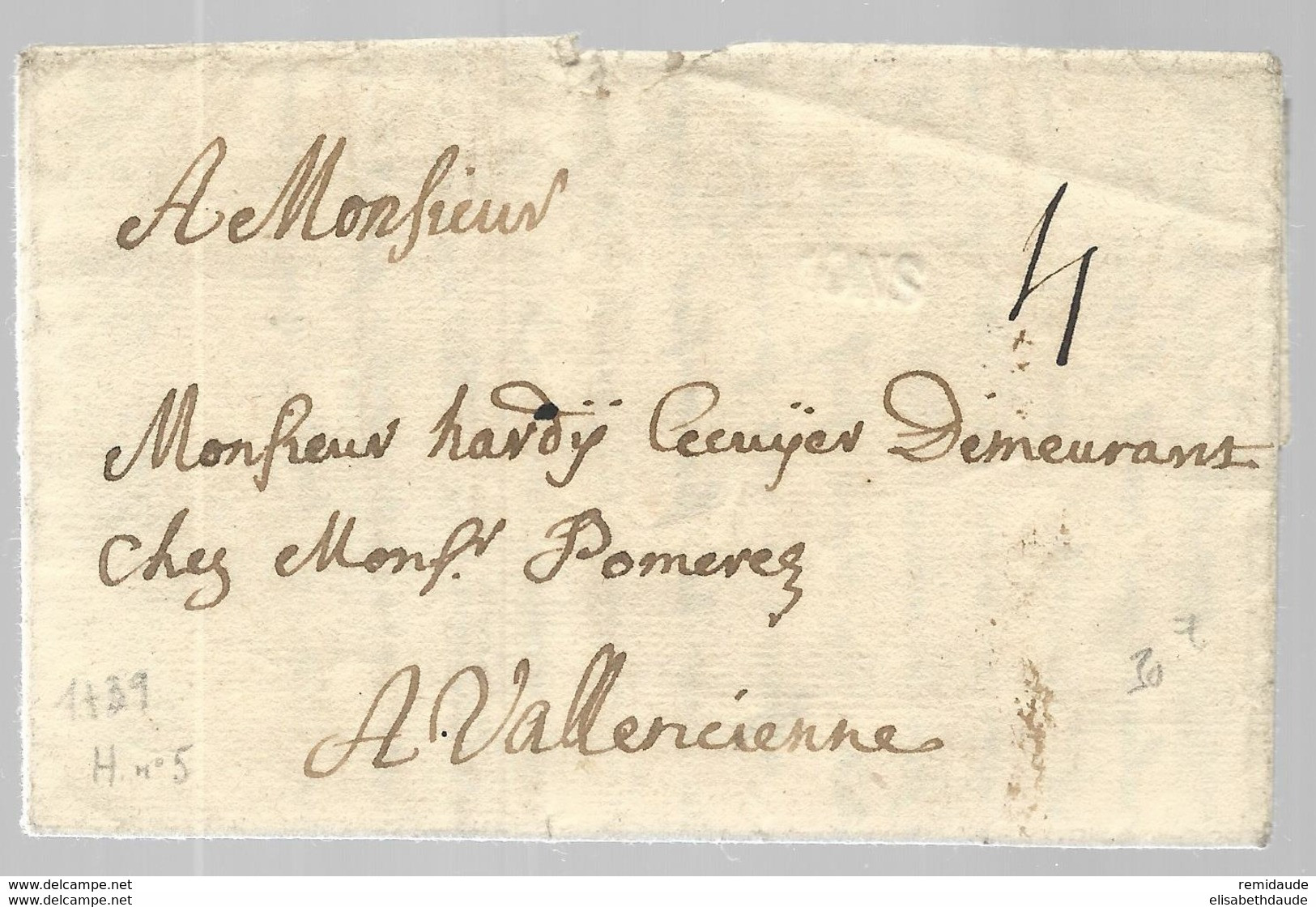 1739 - BELGIQUE - LETTRE De MONS Avec MARQUE LINEAIRE FRAPPEE à SEC  Pour VALENCIENNES (NORD) - 1714-1794 (Austrian Netherlands)