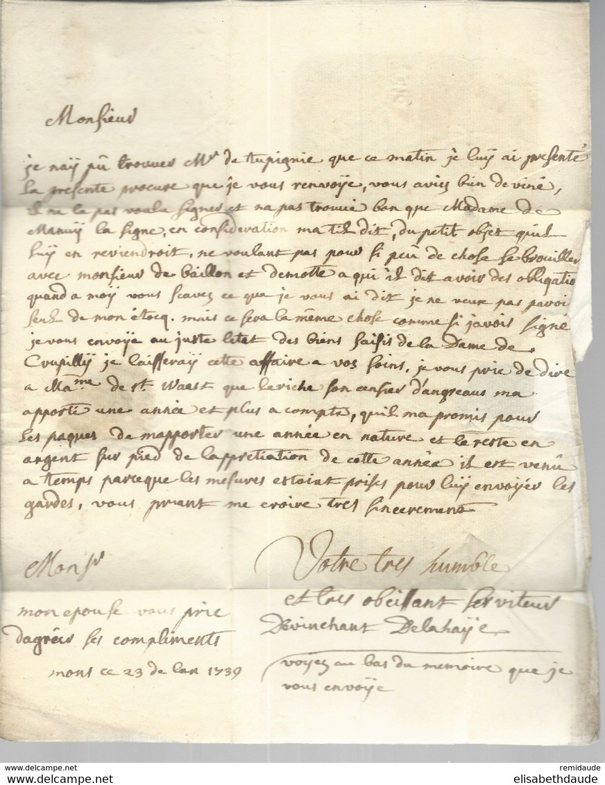 1739 - BELGIQUE - LETTRE De MONS Avec MARQUE LINEAIRE FRAPPEE à SEC  Pour VALENCIENNES (NORD) - 1714-1794 (Paesi Bassi Austriaci)