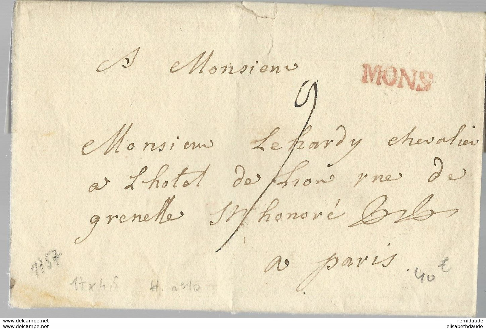 1757 - BELGIQUE - LETTRE De MONS Avec MARQUE LINEAIRE ROUGE  Pour PARIS - 1714-1794 (Austrian Netherlands)