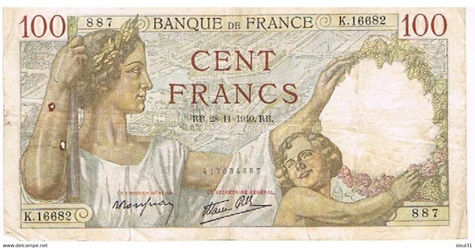 FRANCE BILLET DE 100 FRANCS   RB. 28 -11-1940    N°887                   BI5 - 100 F 1939-1942 ''Sully''