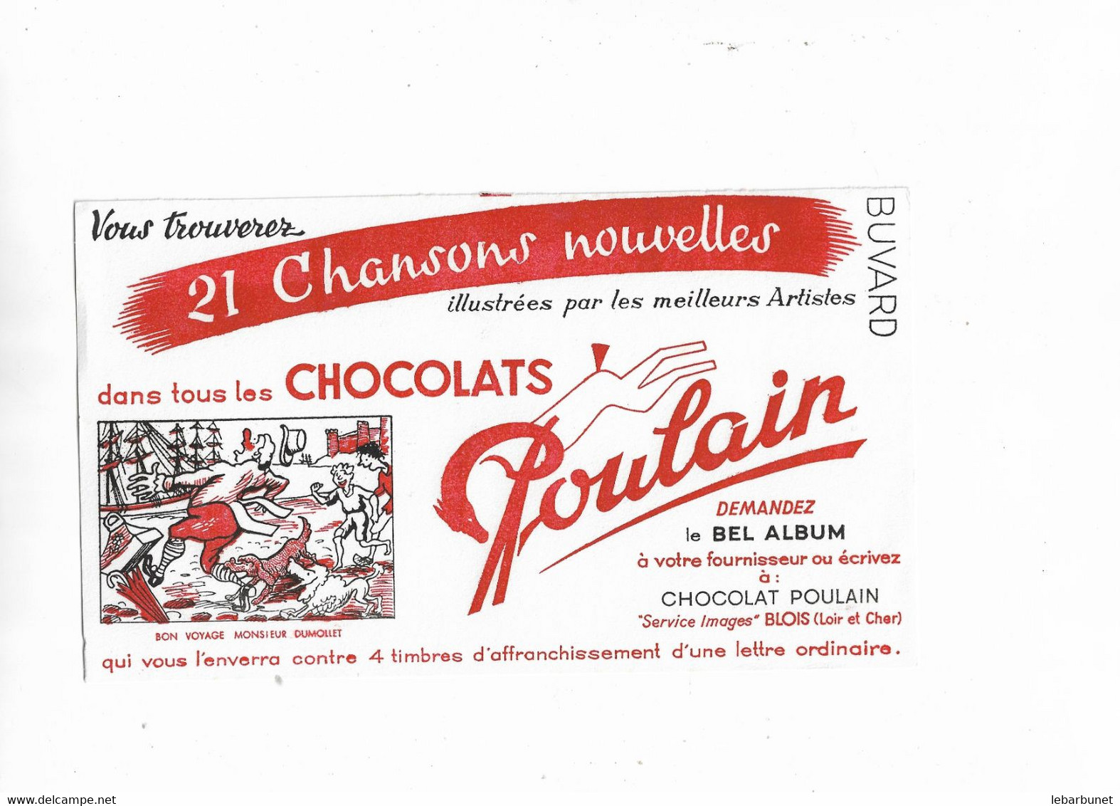 Buvard Ancien Chocolat Poulain 21 Chansons Nouvelles Bon Voyage Monsieur Dumolet - Chocolat