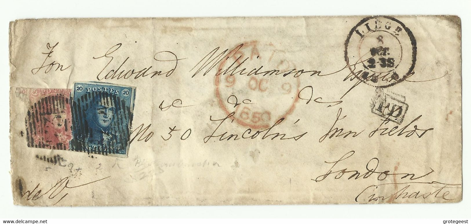 N°2-5 - Affranchissement Mixte 20 Centimes EPAULETTE Et 40 Centimes MEDAILLON Obl; P.73 Sur Enveloppe De LIEGE Le 8 Octo - 1849 Epaulettes