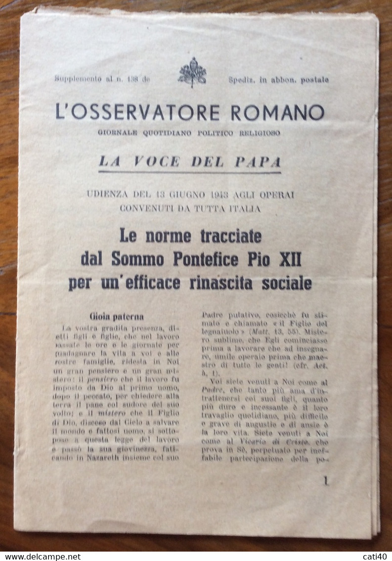 L'OSSERVATORE ROMANO - LA VOCE DEL PAPA - LE NORME TRACCIATE DA PIO XII PER UNA EFFICACE RINASCITA SOCIALE - GIUGNO 1943 - A Identificar