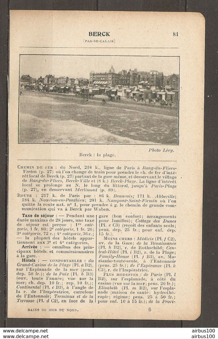 1923 BERCK CHEMIN DE FER DU NORD 216 KM LIGNE DE PARIS A RANG DU FLIERS VERTON - TAXE DE SEJOUR SANATORIUM CASINO - Ferrovie