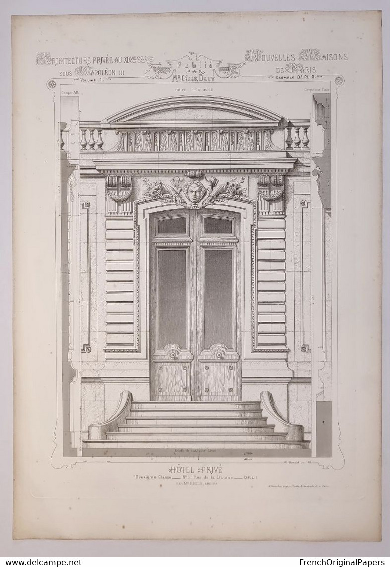 Planche Architecture Paris César Daly Architecte 1870 Maison Hôtel Privé Particulier 5 Rue De La Baume Porte Bigle P1 - Architektur