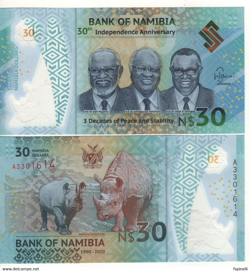 NAMIBIA  New 30 Namibian Dollars  POLIMER  Commemroative Issue 30th Independence Anniversary   (2020)   Rhino At Back - Namibia