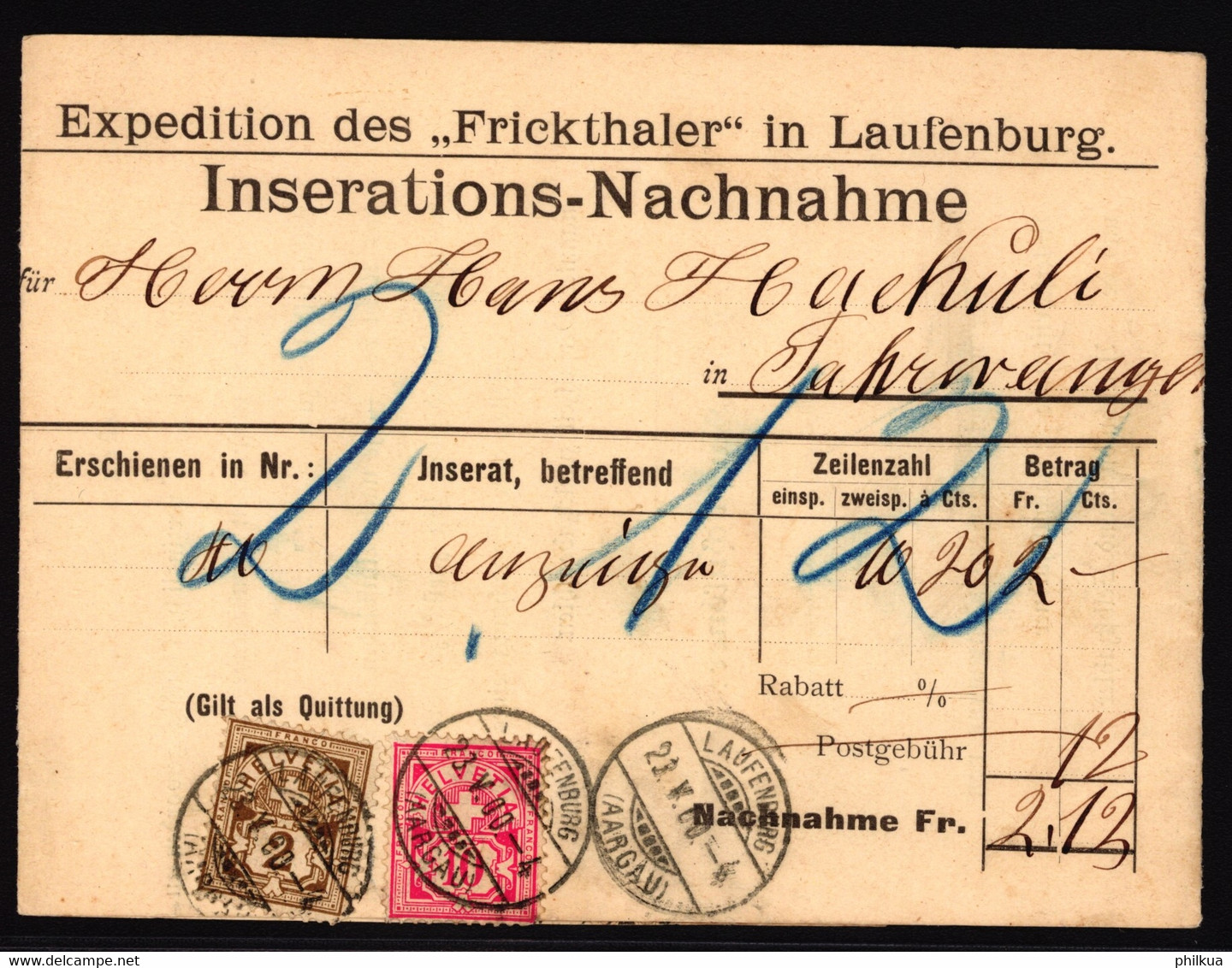 58B + 61B Auf Inserations-Nachnahme Vom Fricktaler In Laufenburg - Covers & Documents