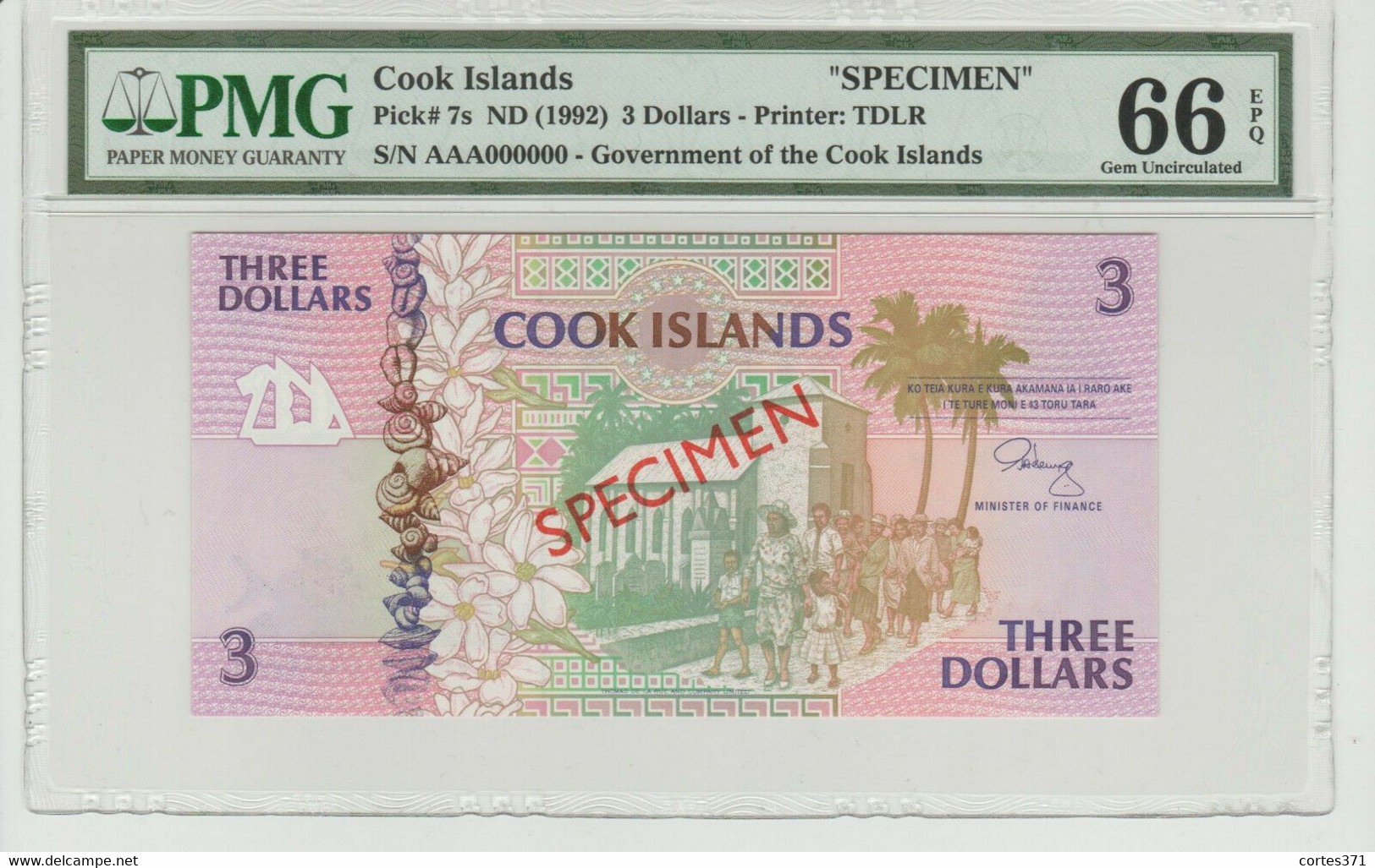 Cook Islands 3 Dollars 1992 P-7s - SPECIMEN - PMG Certified - Cook Islands