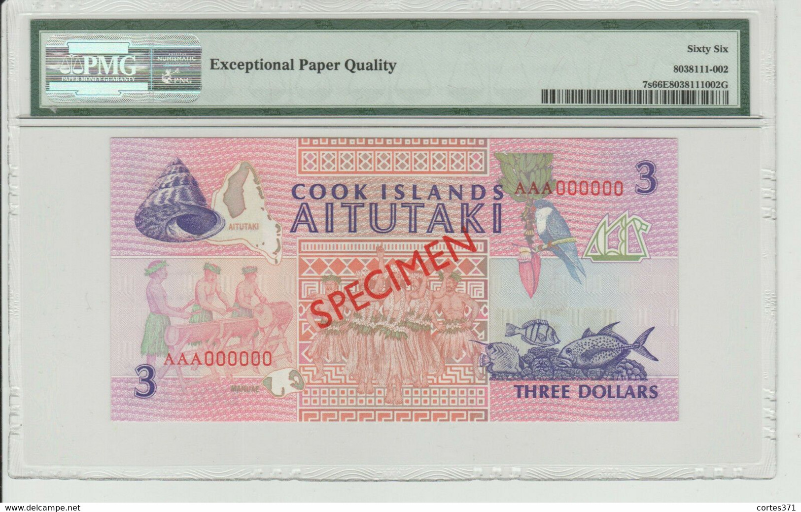 Cook Islands 3 Dollars 1992 P-7s - SPECIMEN - PMG Certified - Cook