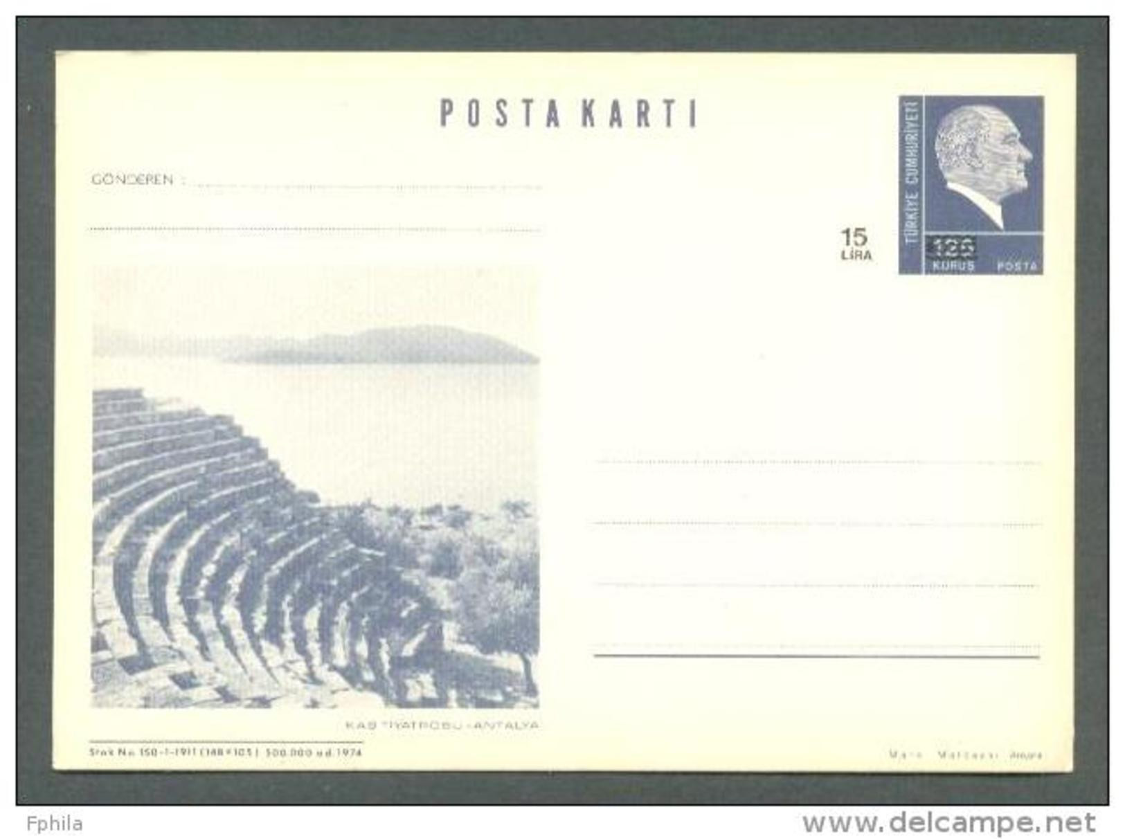 1987 TURKEY VIEW FROM KAS THEATRE RUINS (ANTALYA) - BLACK SURCHARGE POSTCARD - Entiers Postaux