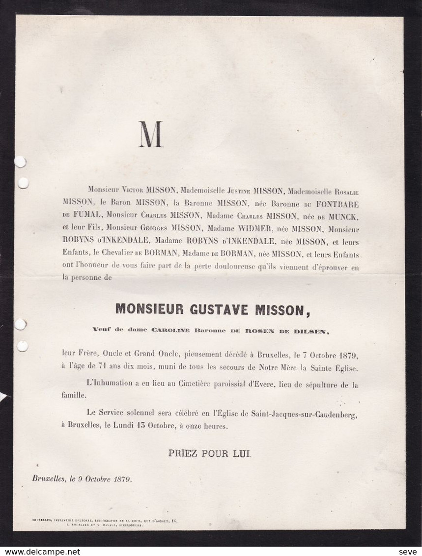 EVERE MISSON Gustave Veuf De ROSEN De DILSEN 71 Ans 1879 Famille Du FONTBARE De FUMAL WIDMER ROBYNS D'INKENDALE - Obituary Notices