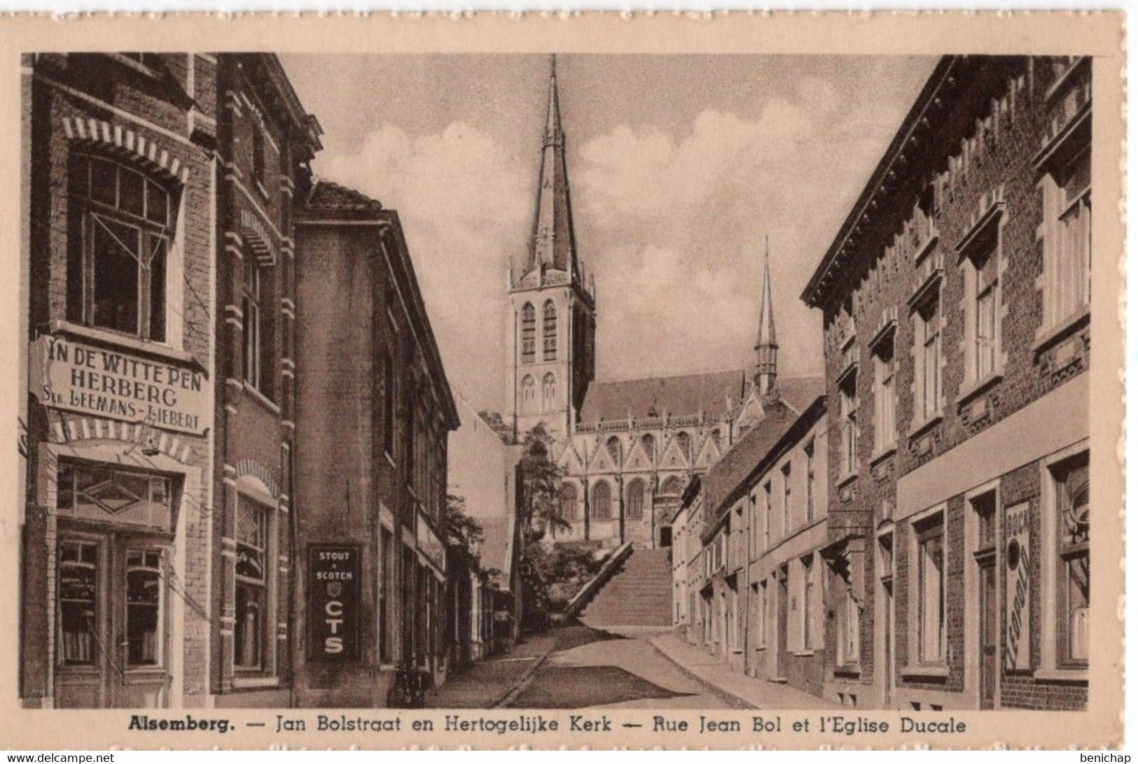 CPA Ad.Van De Perre - Alsemberg - Jan Bolstraat En Hertogelijle Kerk - Rue Jean Bol Et L'Eglise Ducale - Stout & Scotch. - Linkebeek