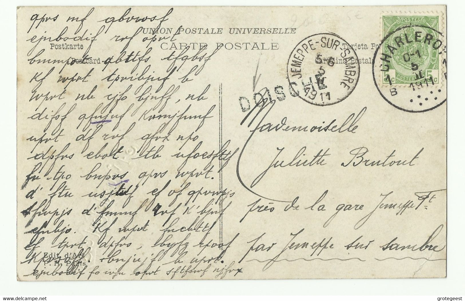 N°83 - 5c. Vert, Obl. Sc CHARLEROI 1b Sur CP Du 5-II-1911 + Griffe DOISCHE Vers Jemeppe-sur-Sambre - 16217 - Linear Postmarks