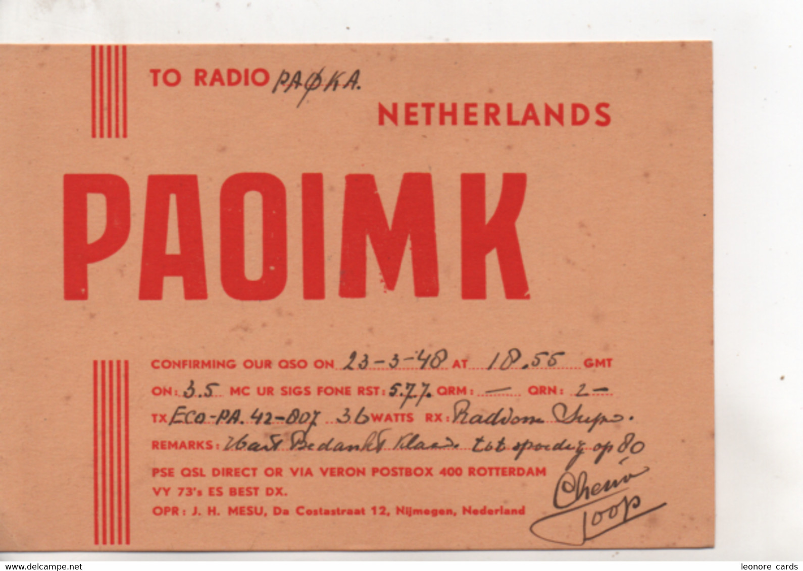 Cpa.Cartes QSL.PAoIMK.1948.Netherlands.to PAOKA - Radio Amateur