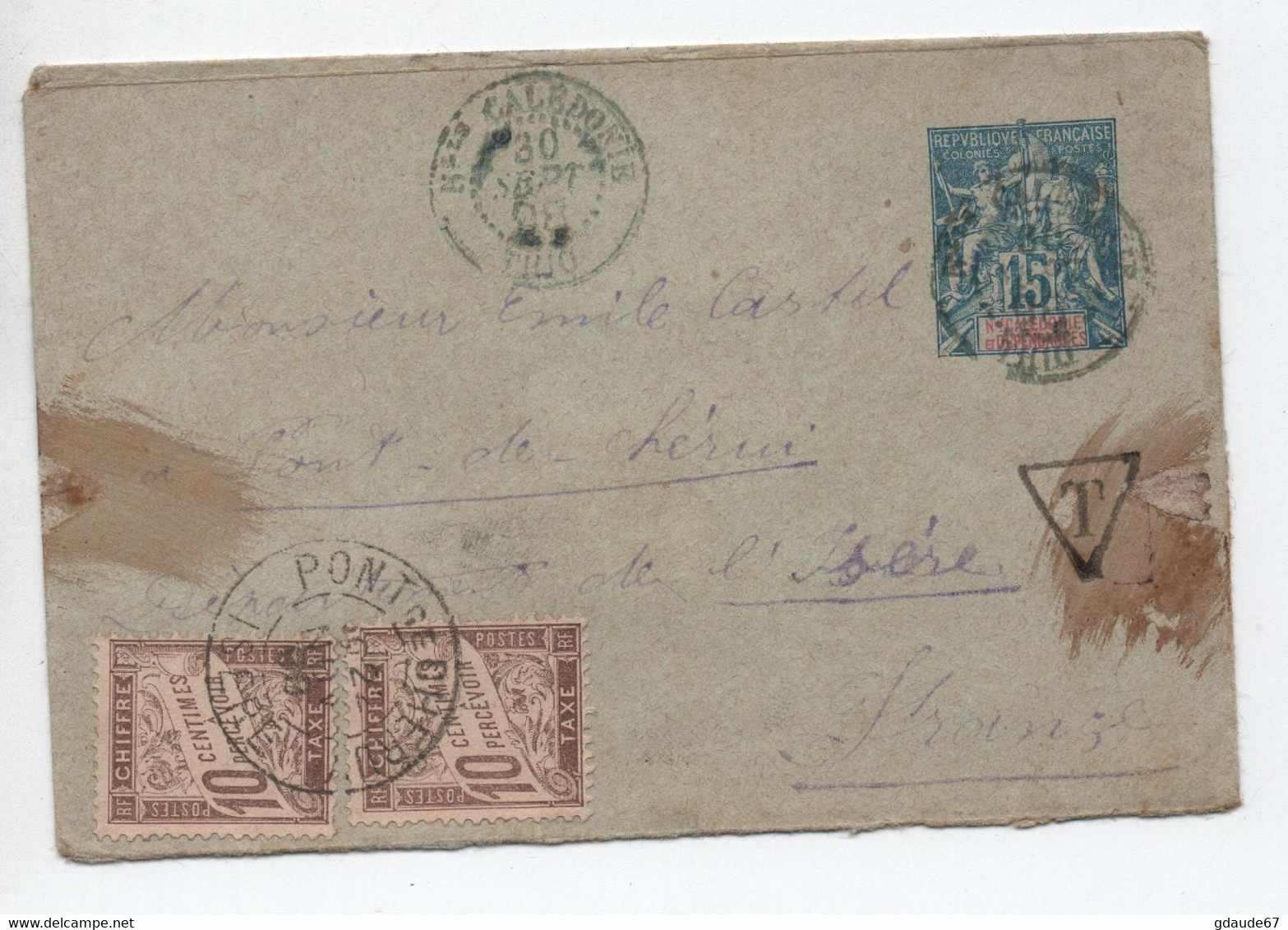 1898 - ENTIER POSTAL TYPE GROUPE De THIO (NOUVELLE CALEDONIE) Avec TAXE De PONT DE CHERUY (ISERE) - Enteros Postales