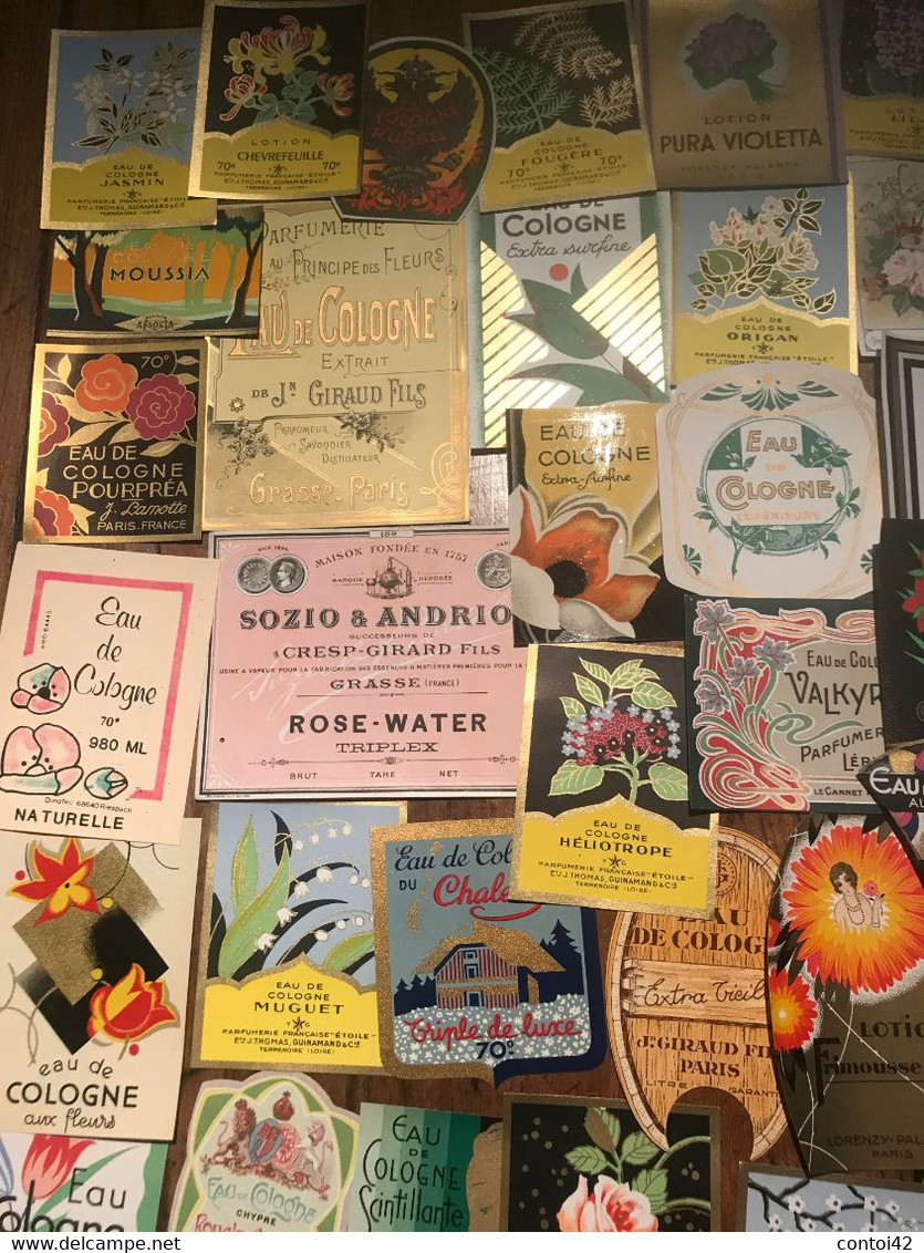 LOT 85 ETIQUETTES ANCIENNES EAU DE TOILETTE EAU DE COLOGNE CHROMOGRAPHIE PUBLICITE ART DECO PARFUMS COLLECTION - Labels