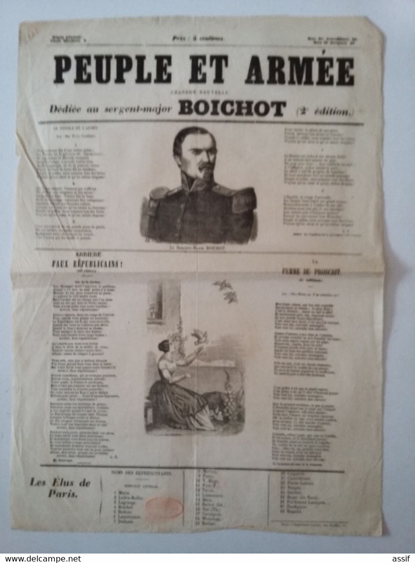 Affiche  Feuille Volante "  Peuple Et Armée "  Chanson Nouvelle  Boichot  2è République 1848 / 1849 - Manifesti