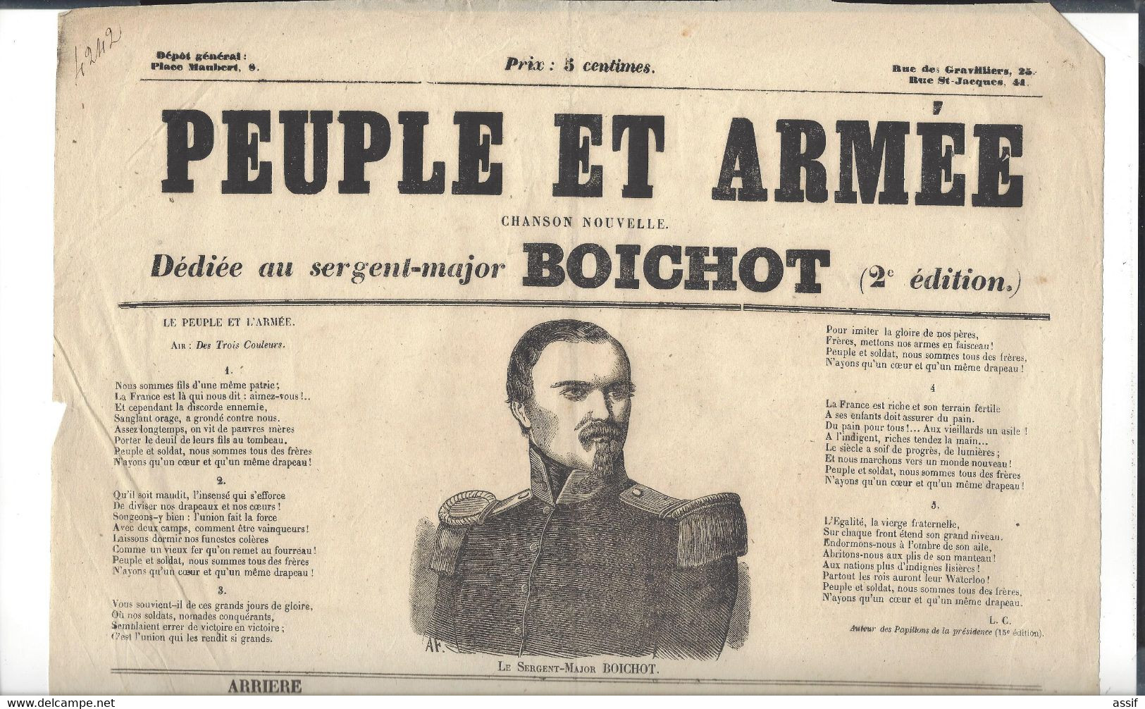 Affiche  Feuille Volante "  Peuple Et Armée "  Chanson Nouvelle  Boichot  2è République 1848 / 1849 - Posters