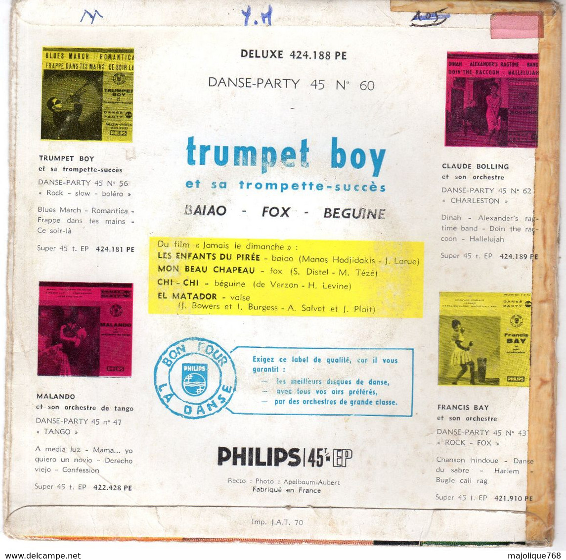 Disque - Trumpet Boy Et Sa Trumpette Succès - Baiao-fox-beguine  - Philips 424.188 PE - France 1960 - - Jazz