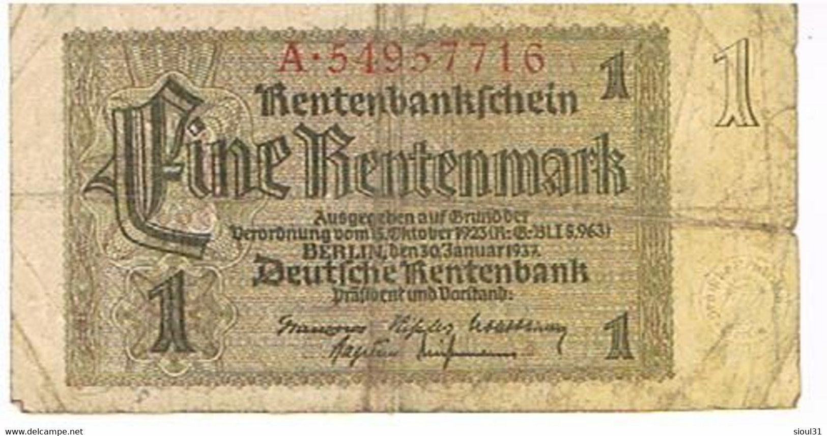 ALLEMAGNE    BILLETDE 1 REICHSMARK   1937  N° A.54957716       BI25 - Other & Unclassified