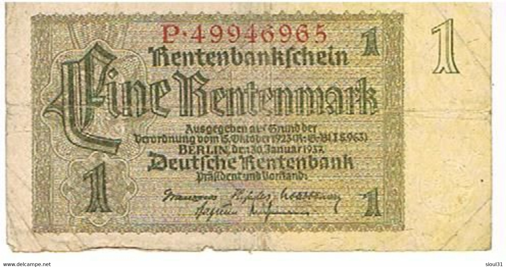 ALLEMAGNE    BILLET  DE 1 REICHSMARK   1937  N° P .49946965                                BI27 - Sonstige & Ohne Zuordnung