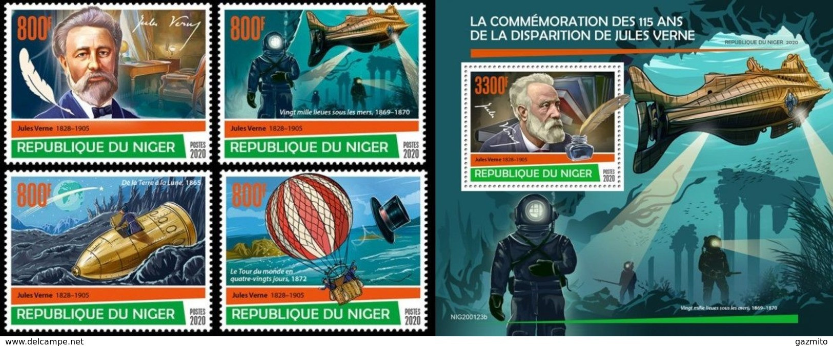 Niger 2020, J. Verne, Submarine, Diving, Baloons, 4val+BF - Immersione