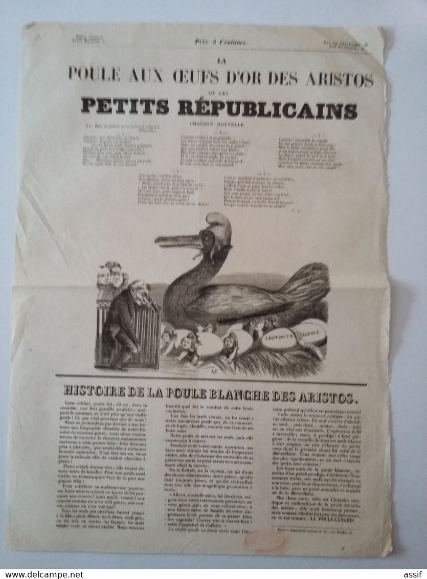 Affiche Feuille Volante  Chanson " La Poule Aux Oeufs D'or Des Aristos Ou Les Petits Républicains " 2 è République 1848 - Plakate