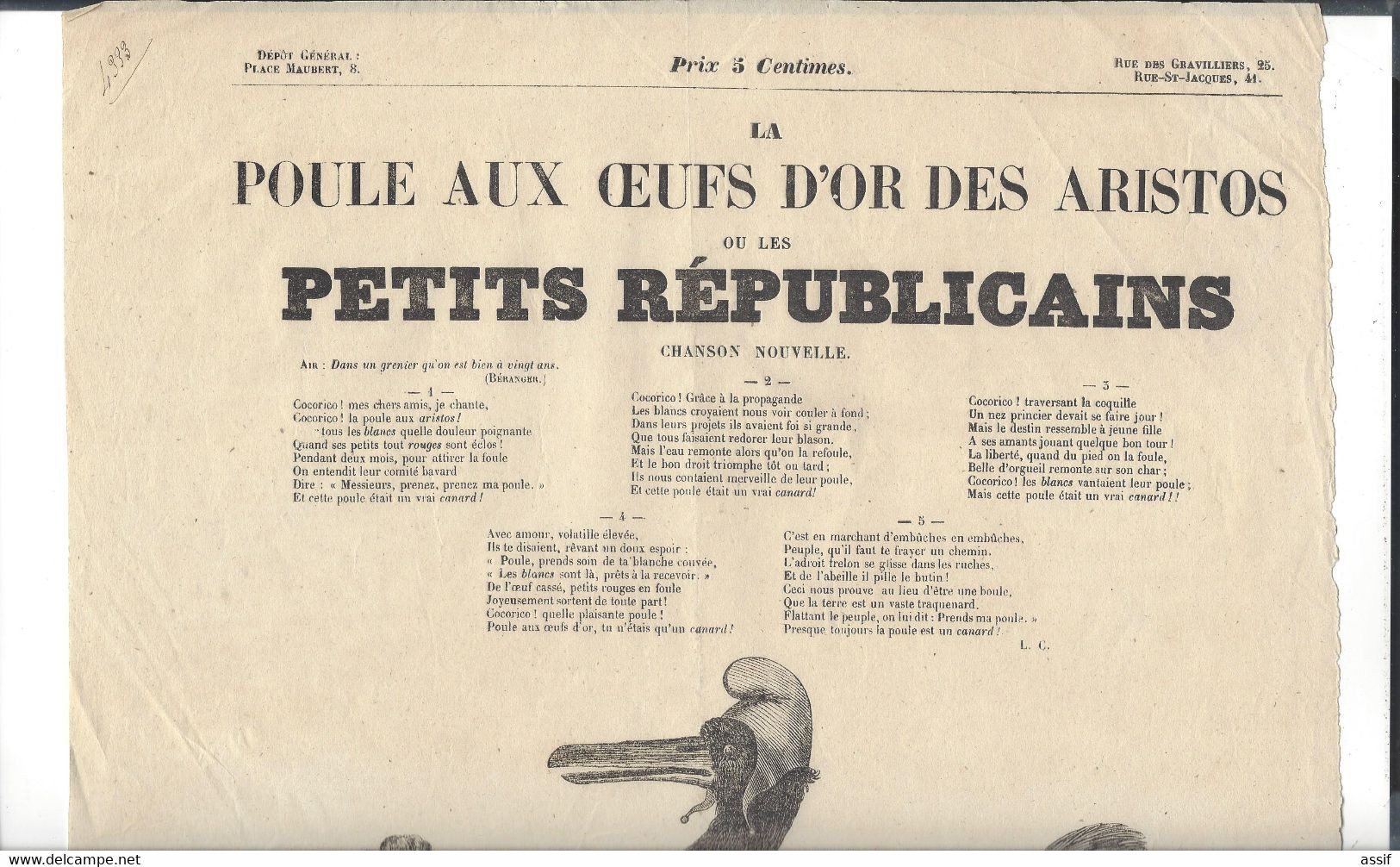 Affiche Feuille Volante  Chanson " La Poule Aux Oeufs D'or Des Aristos Ou Les Petits Républicains " 2 è République 1848 - Affiches