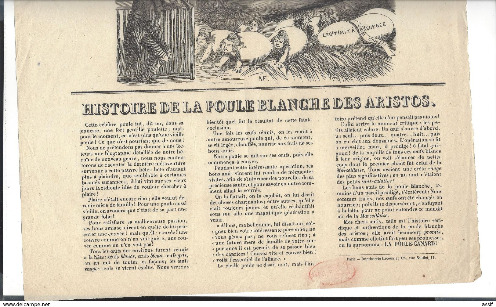 Affiche Feuille Volante  Chanson " La Poule Aux Oeufs D'or Des Aristos Ou Les Petits Républicains " 2 è République 1848 - Posters