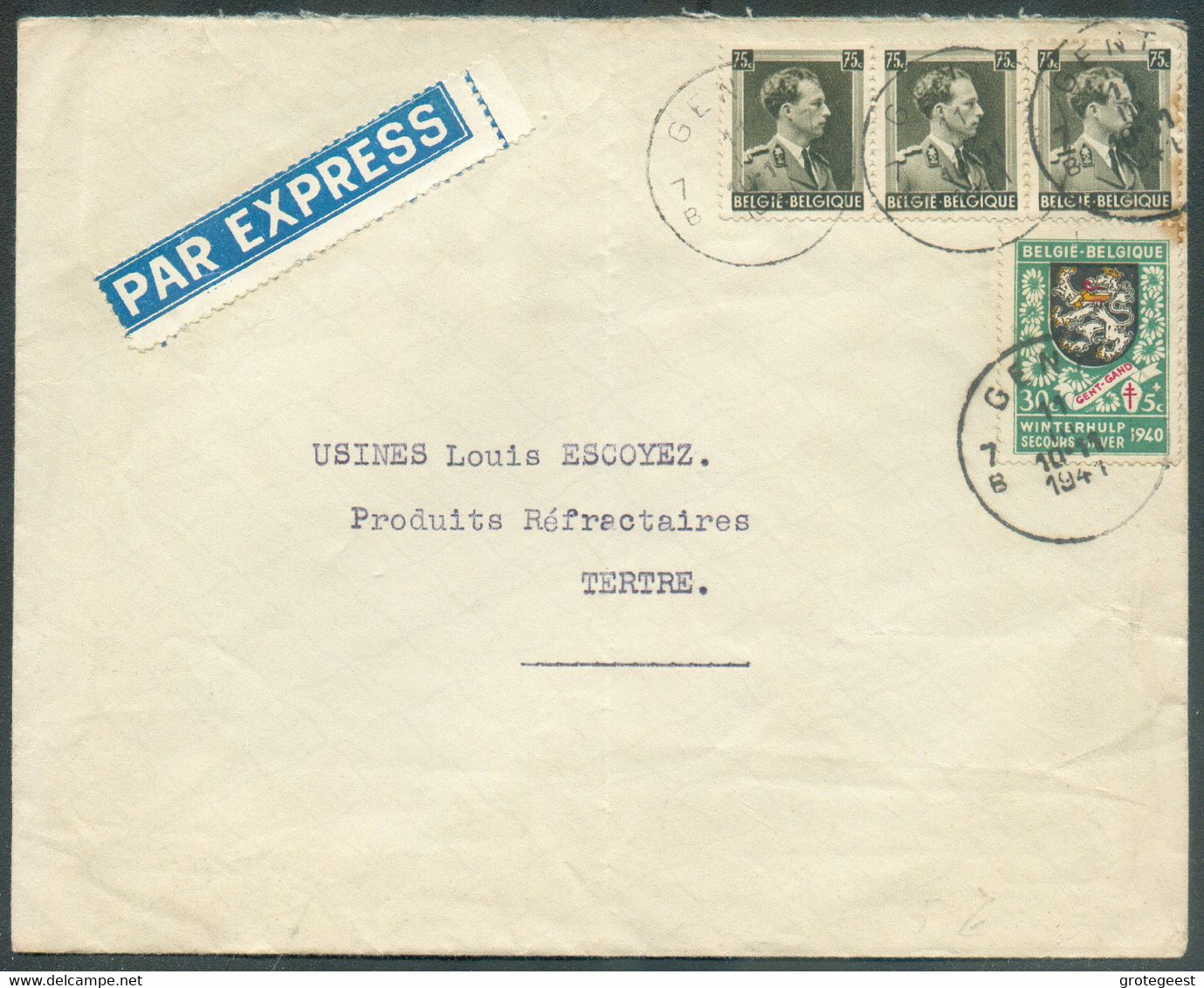 70c. LEOPOLD III (x3) + 30c. ARMOIRIE GAND Obl. Sc GENT 7 Sur Lettre Exprès Du 11-III-1941 Vers Tertre -  16236 - Briefe U. Dokumente