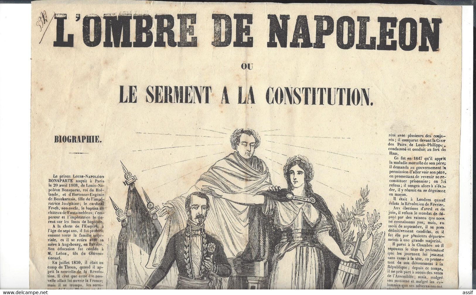 Affiche Feuille Volante L'Ombre De Napoléon Ou Le Serment à La Constitution  ( Louis Napoléon ) 2 è République 1848 - Plakate