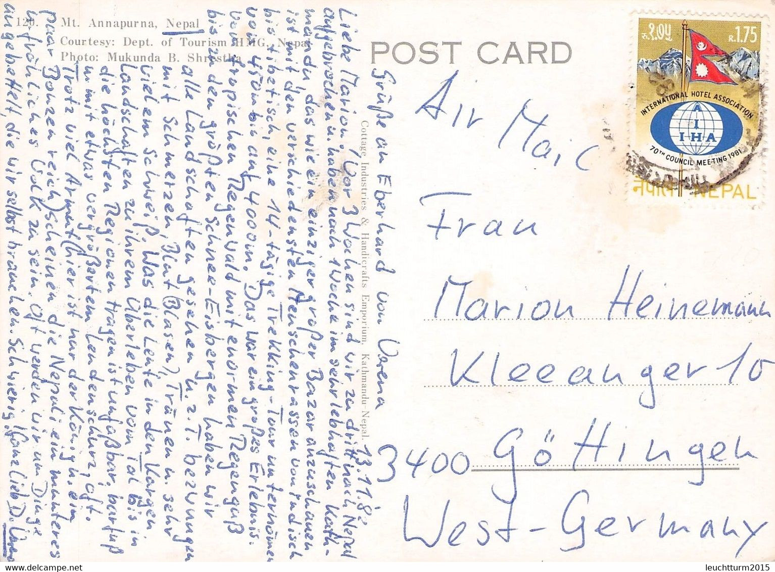 NEPAL - ANSICHTSKARTE AIRMAIL 1982 - GÖTTINGEN/GERMANY /ak931 - Népal